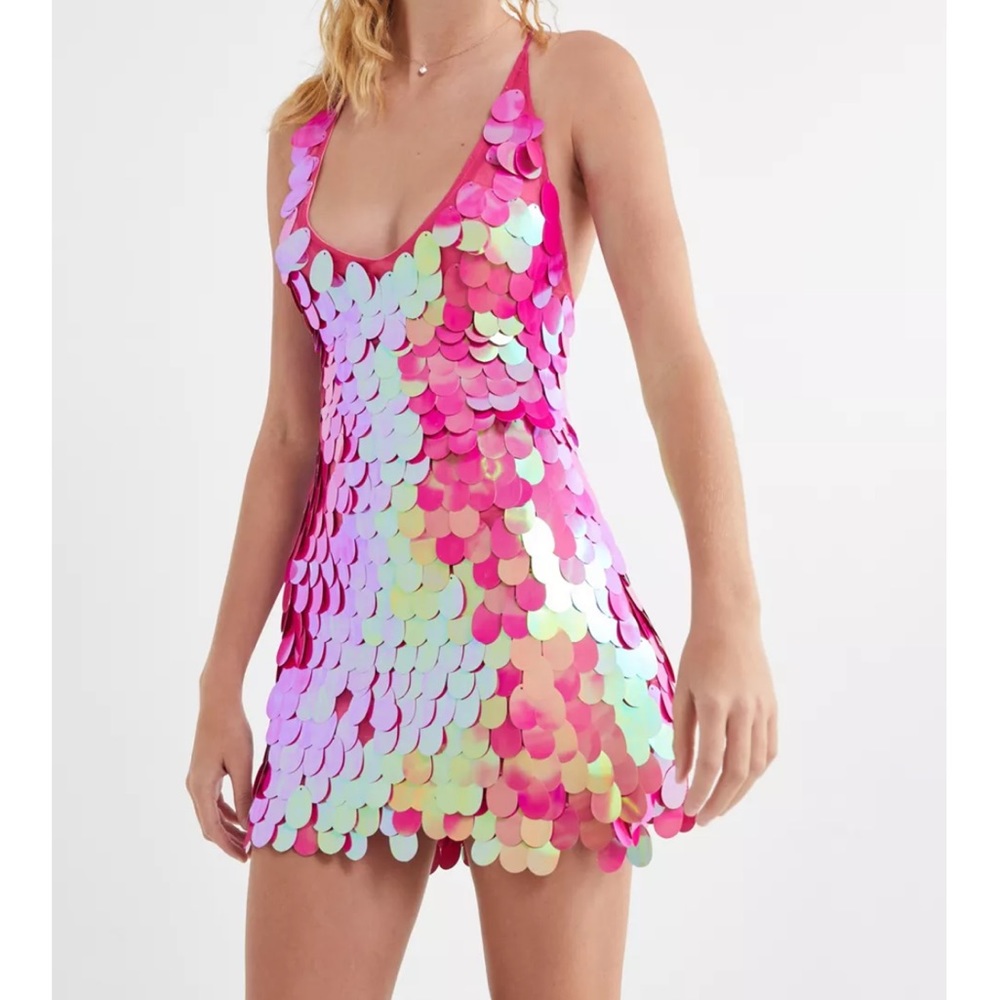 Motel Urban Outfitters Shine Sequin Tie Back Mini Dress New Year Size Large NWT